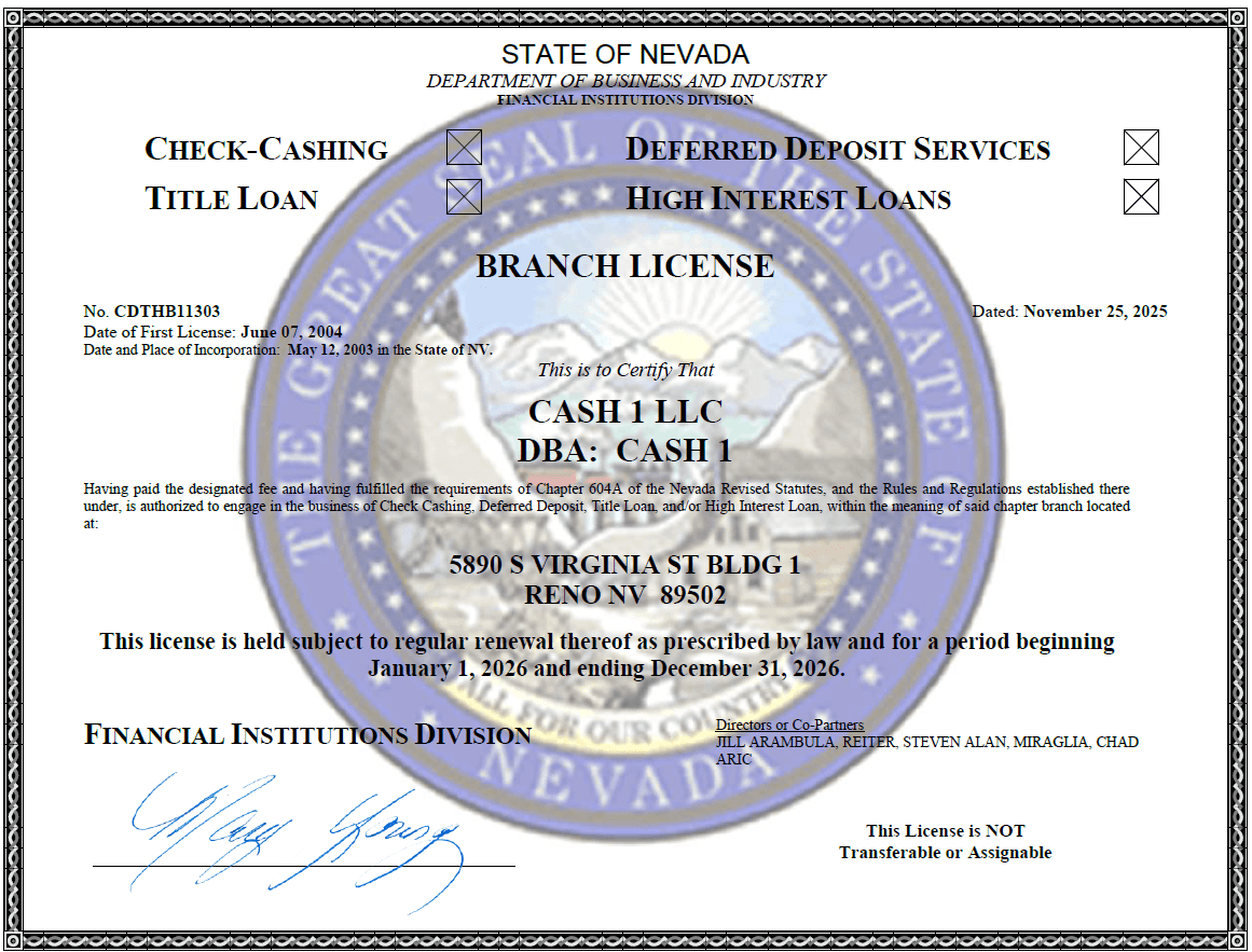 State of Nevada - Department of Business and Industry Branch License