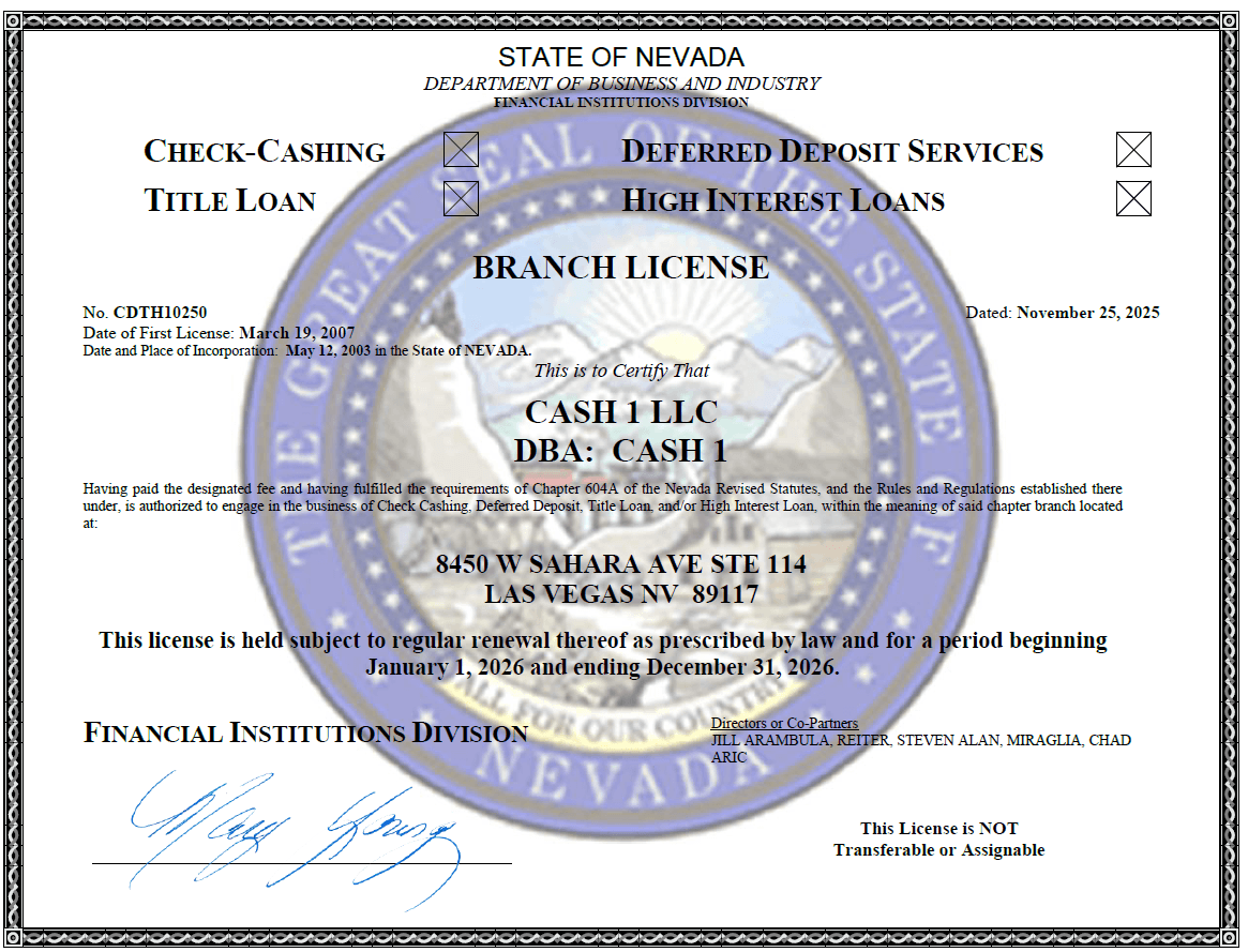 State of Nevada - Department of Business and Industry Branch License