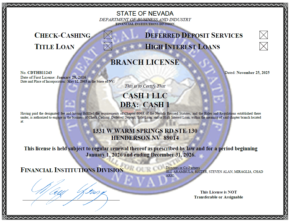 State of Nevada - Department of Business and Industry Branch License