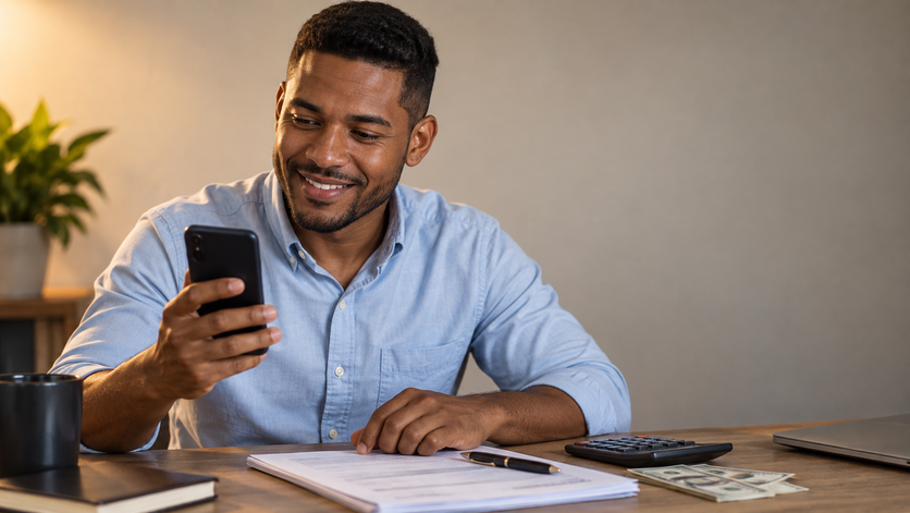 Smiling man reviewing personal loan information with money and a calculator on his desk.