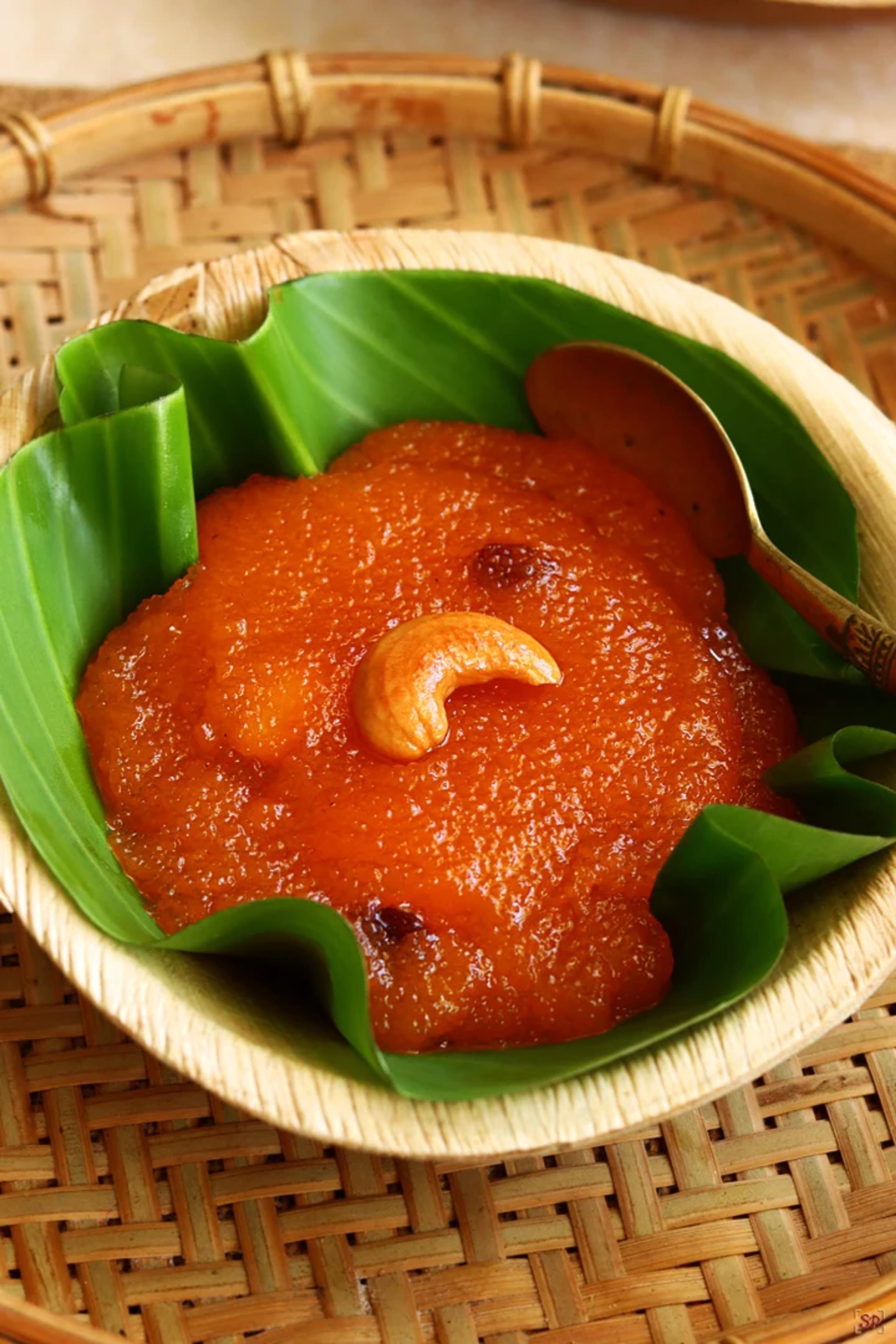 Sweet semolina halwa with ghee, saffron and cashews. — Chennai 2 Hyderabad