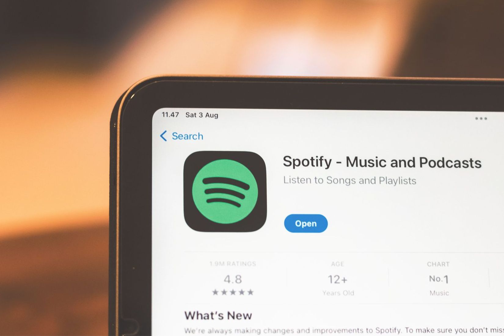 Rankoje laikomas telefonas su atidaryta Spotify programėle.