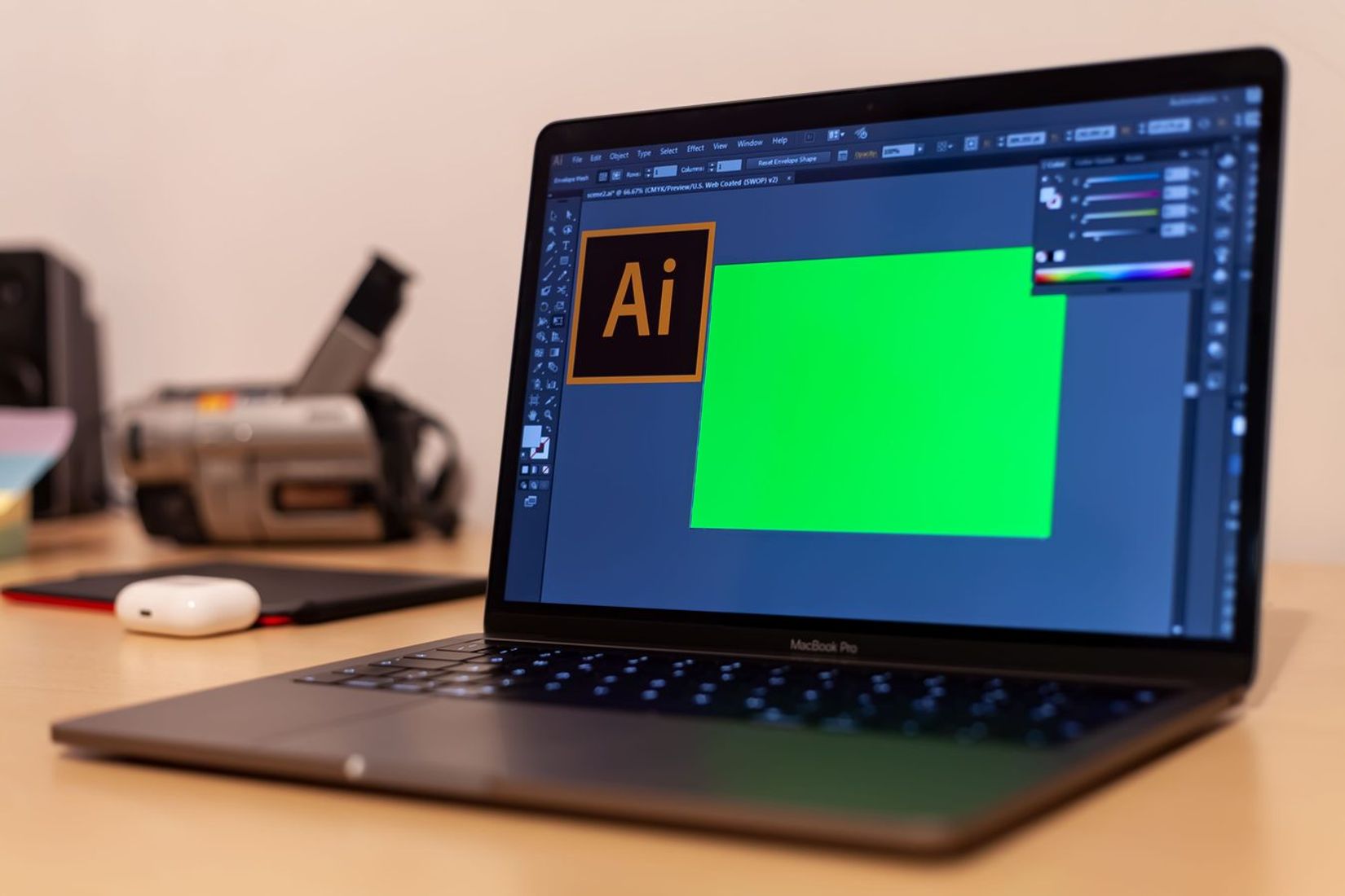 MacBook kompiuteris su kūrybiniu ekranu ant darbo stalo