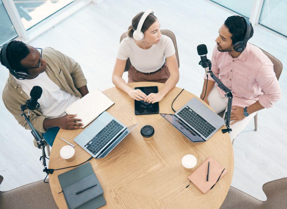 PR team and podcast recording with influencer