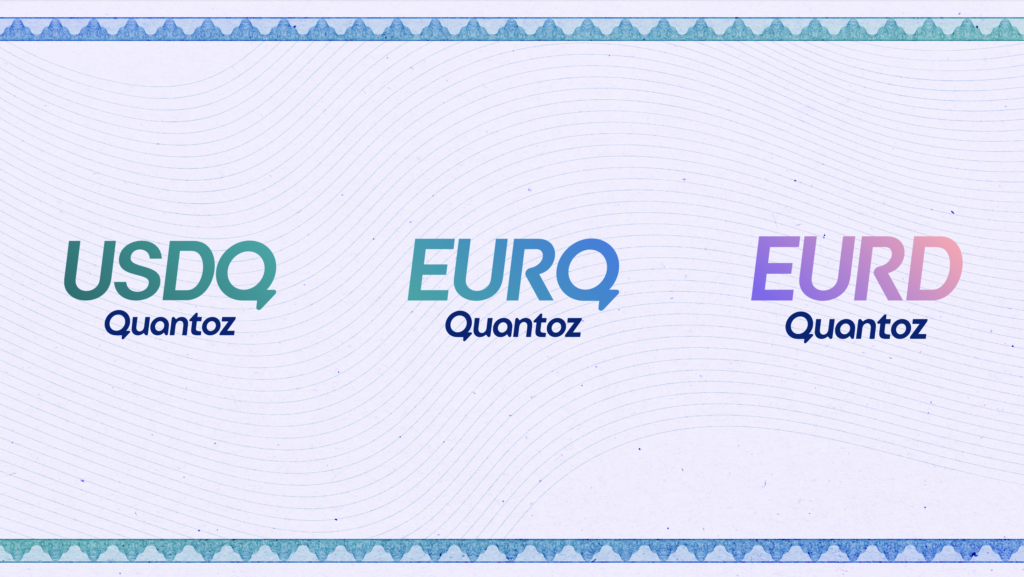 USDQ, EURQ and EURD stablecoin logos