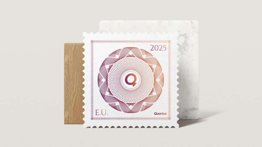 Quantoz commemorative stamp with guilloché pattern