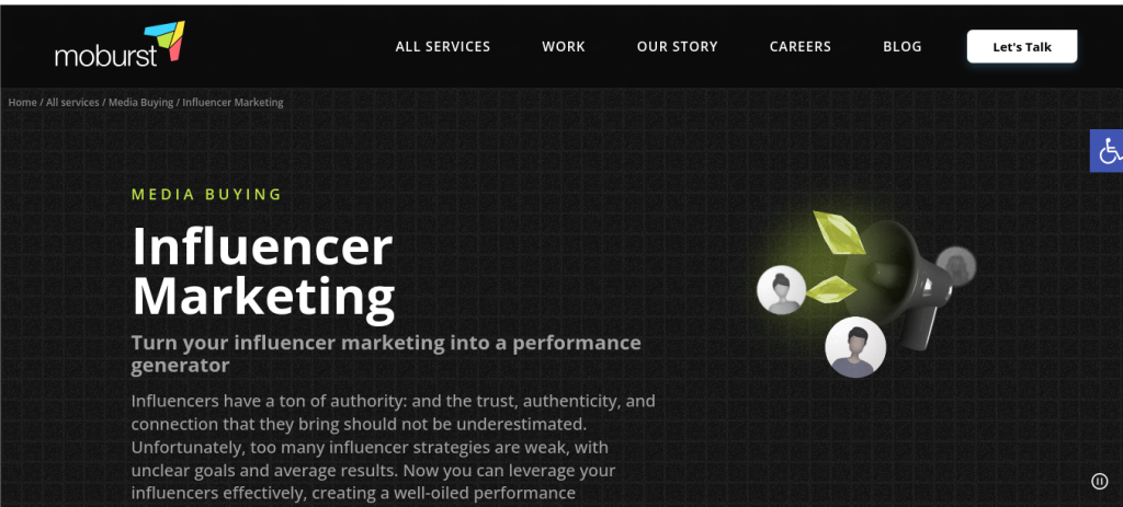 Moburst influencer marketing, media buying website screenshot