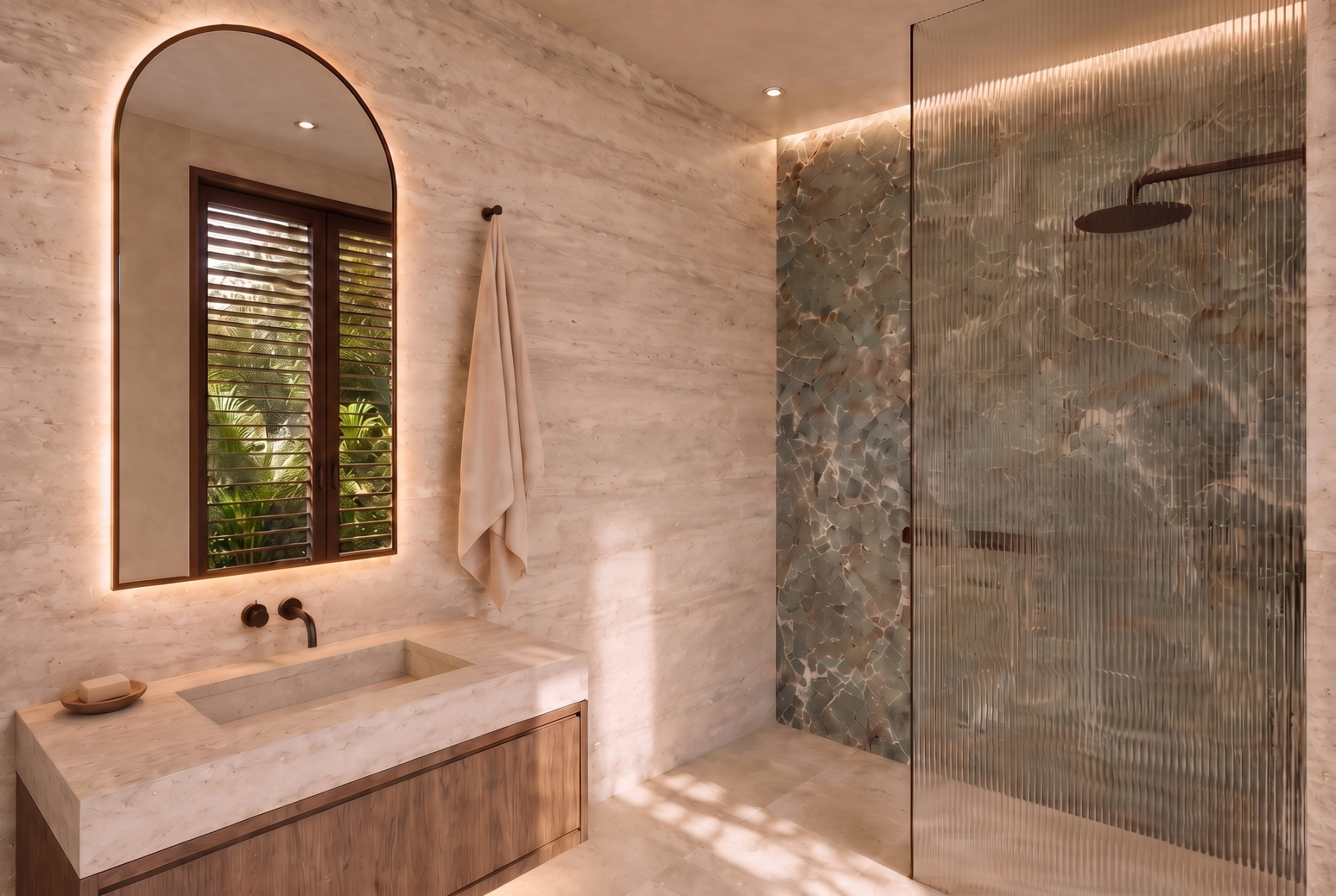 Visualisation: bathroom with fluted glass and travertine