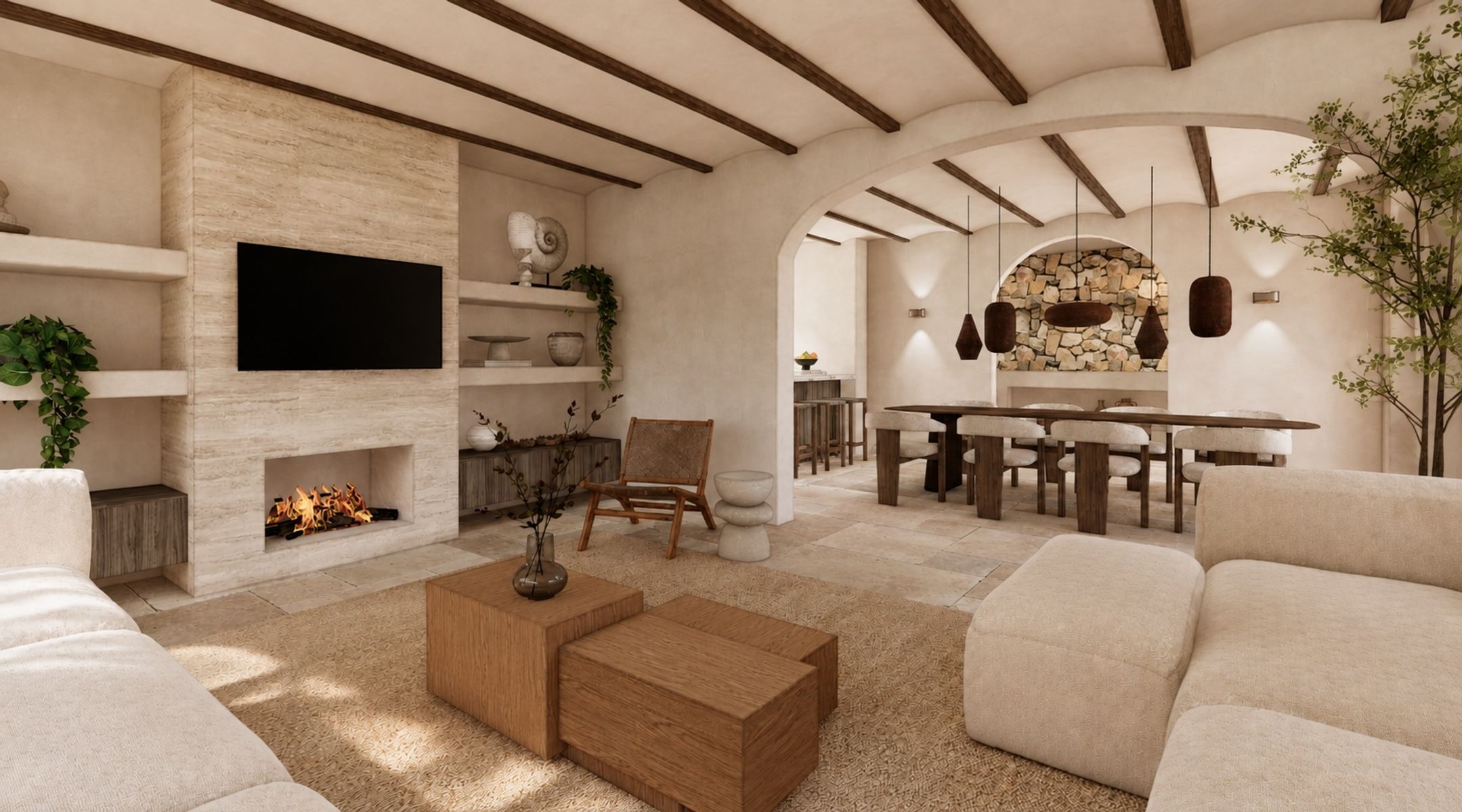 Visualisation: living and dining room with fireplace and vaulted beamed ceiling
