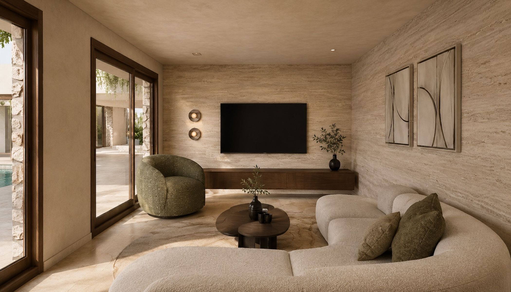 Visualisation: living room with travertine wall