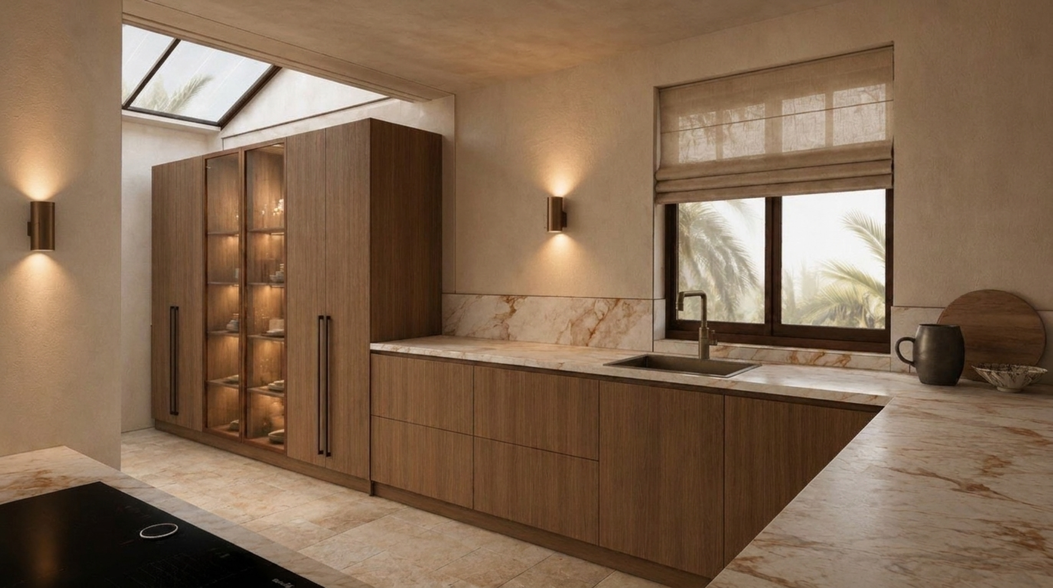 Visualisation: kitchen with walnut fronts and marble worktop