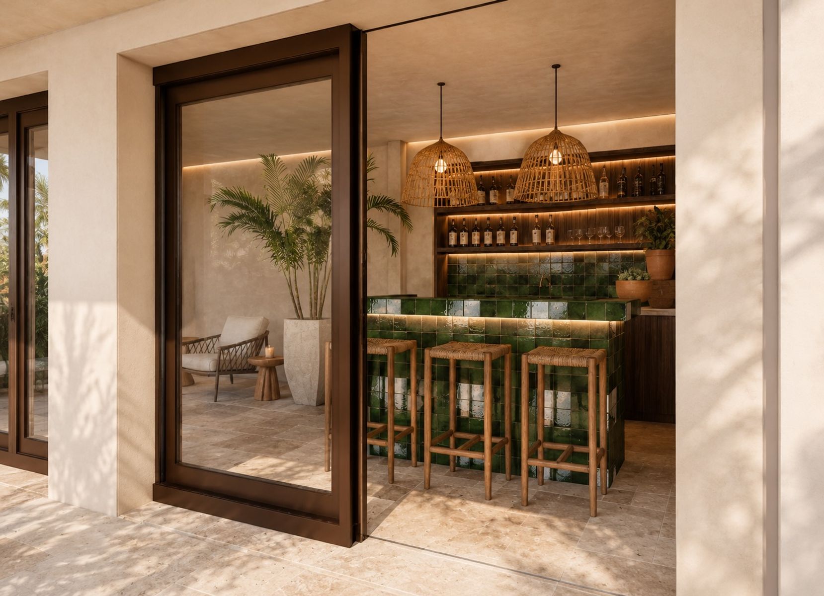 Visualisation: bar with green zellige tiles, seen from the terrace