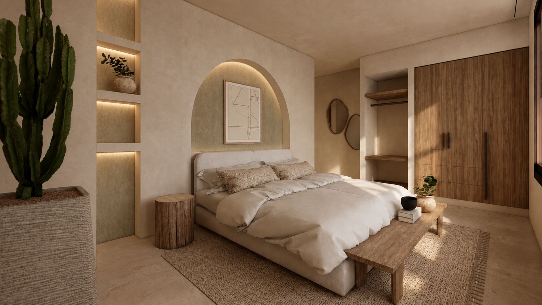 Visualisation: bedroom with arched niche and wardrobe