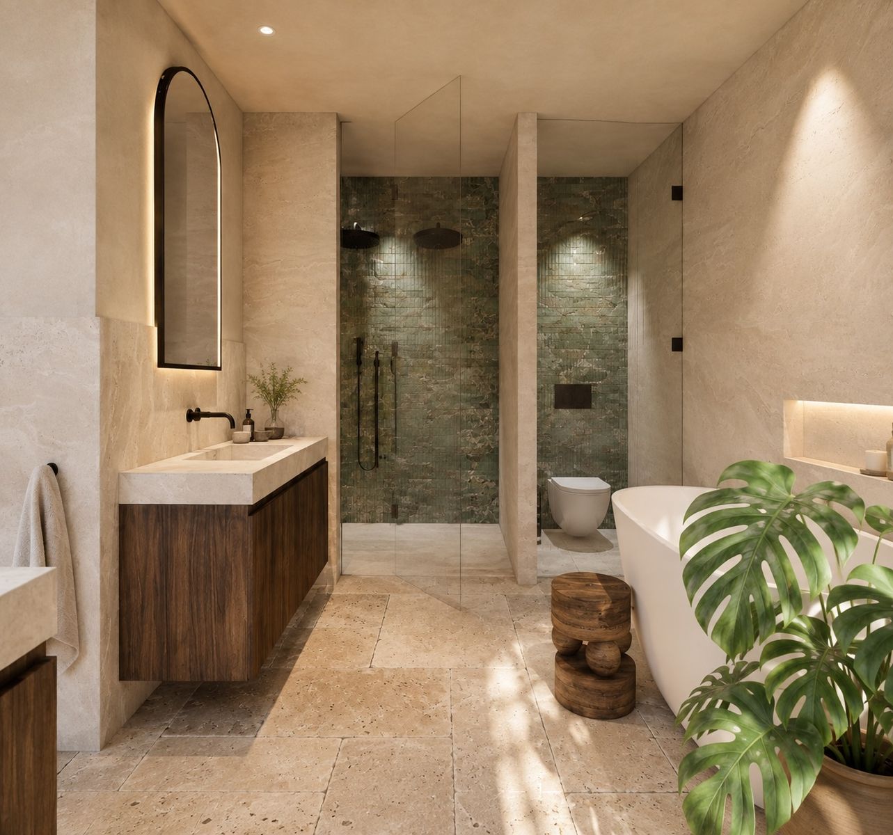Visualisation of a Finca Monteluz bathroom: travertine, lime plaster, walnut joinery and green zellige tiles