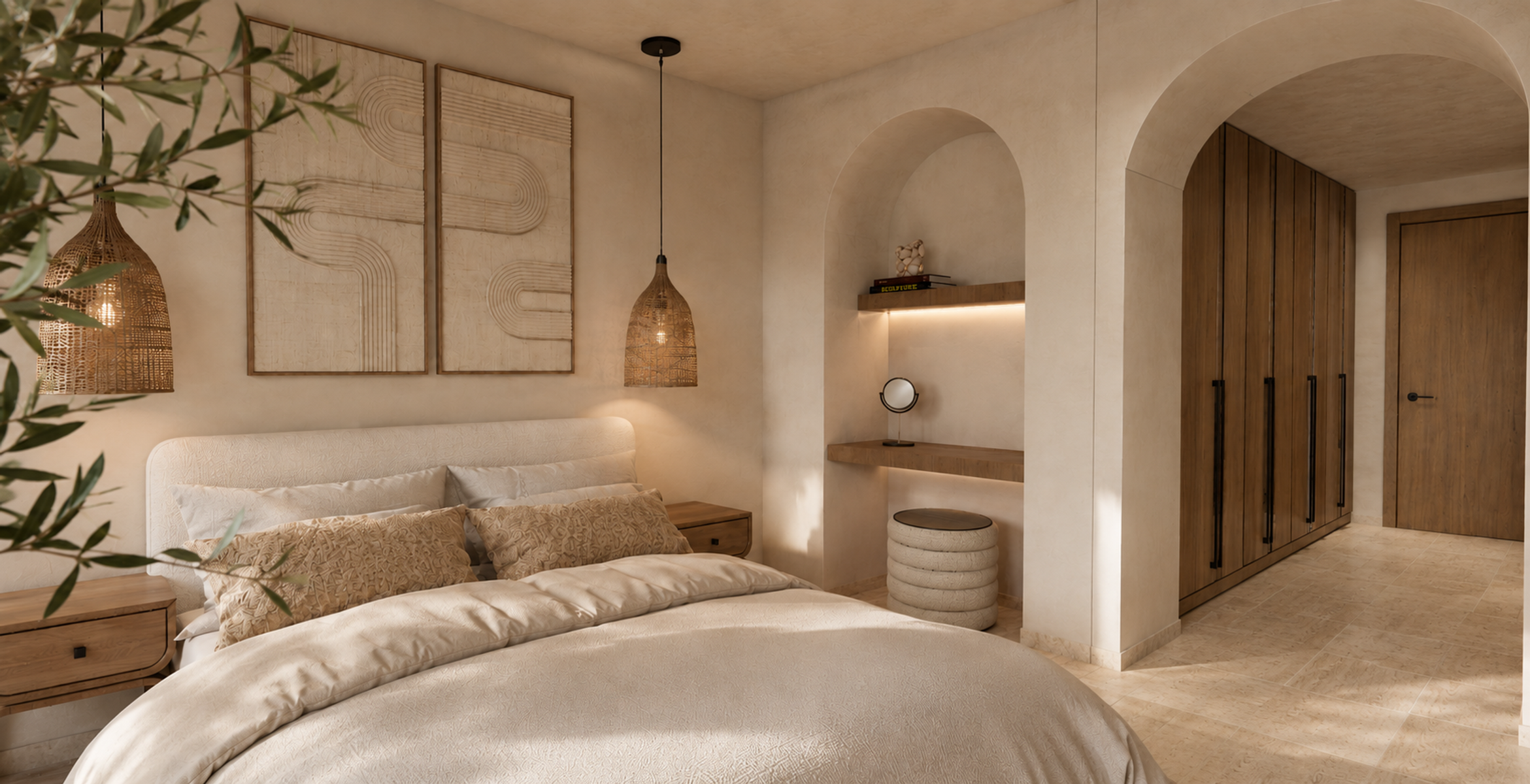 Visualisation: bedroom with arched niches and dressing table