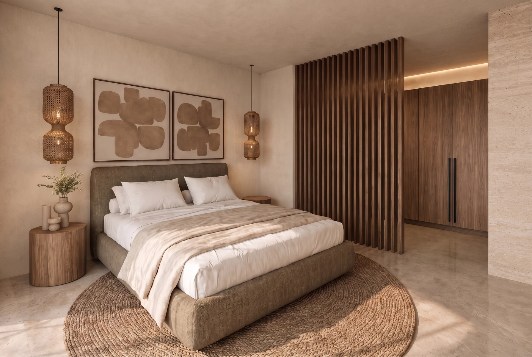 Visualisation: master bedroom with slatted partition