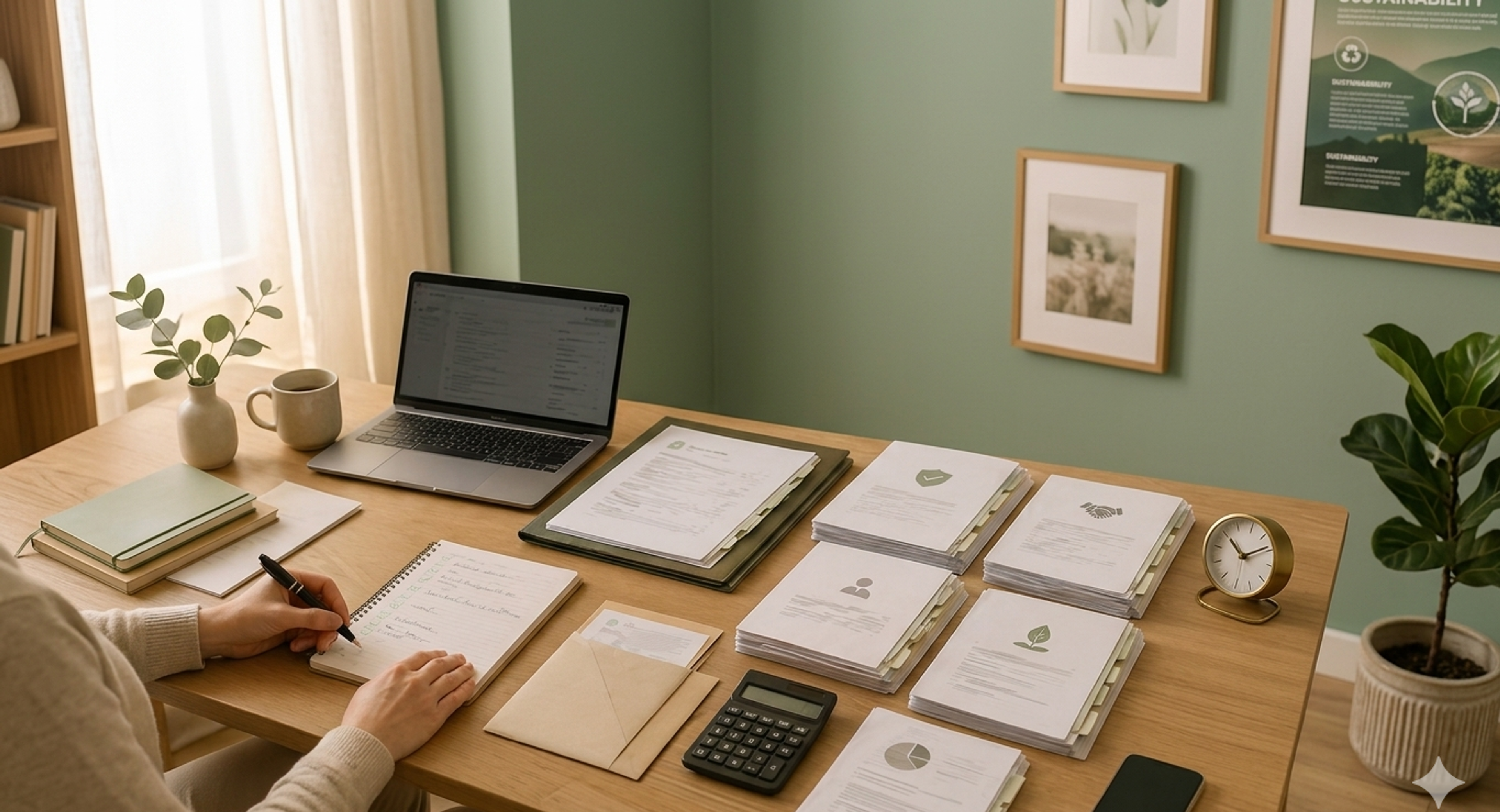 Ein Schreibtisch im Home-Office mit Laptop, Dokumentenstapeln, Notizbuch und Topfpflanze in einem grünen Raum.