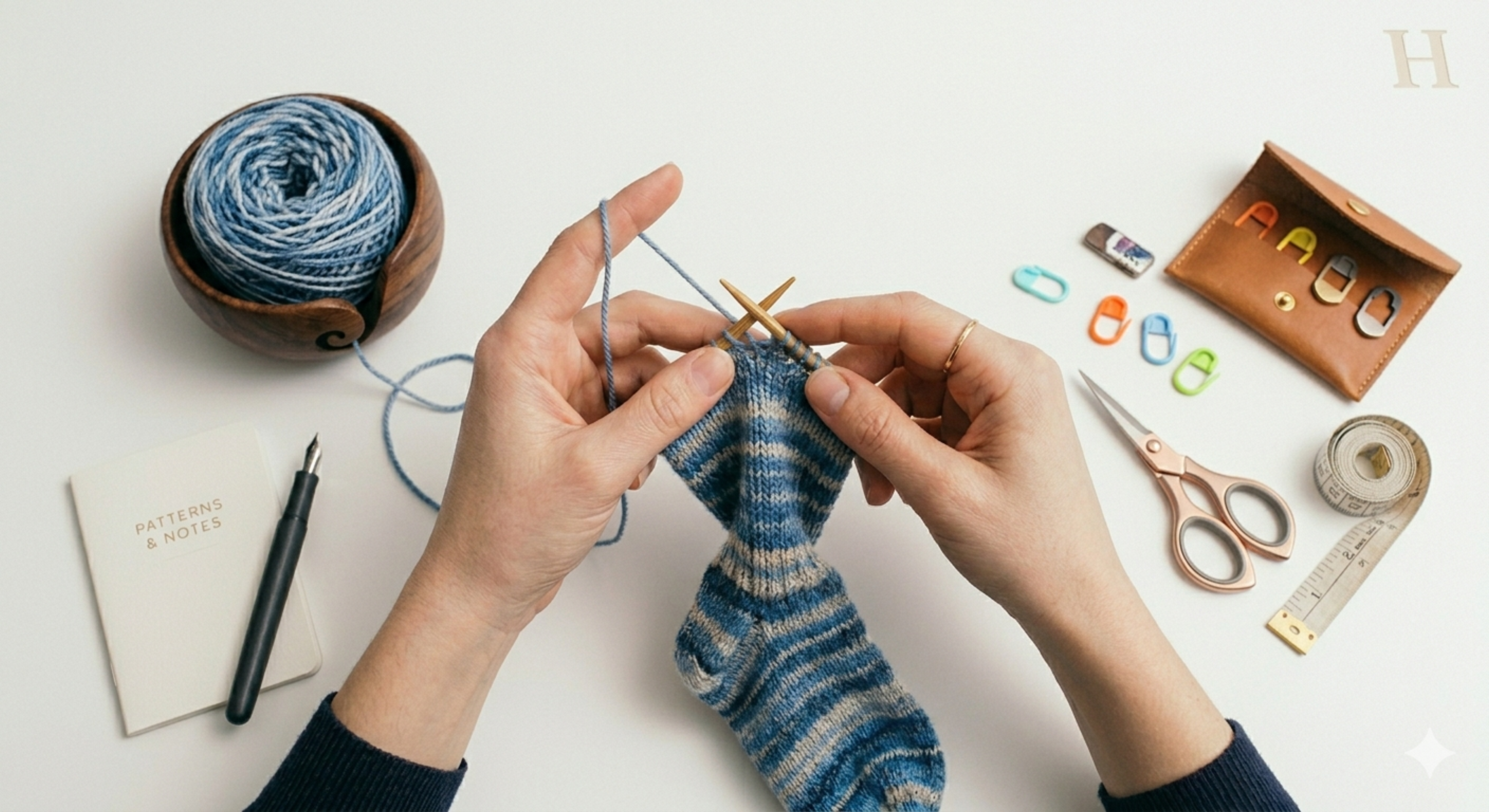 Hände stricken blaue Socke mit Garn, Nadeln und Strickzubehör auf Tisch