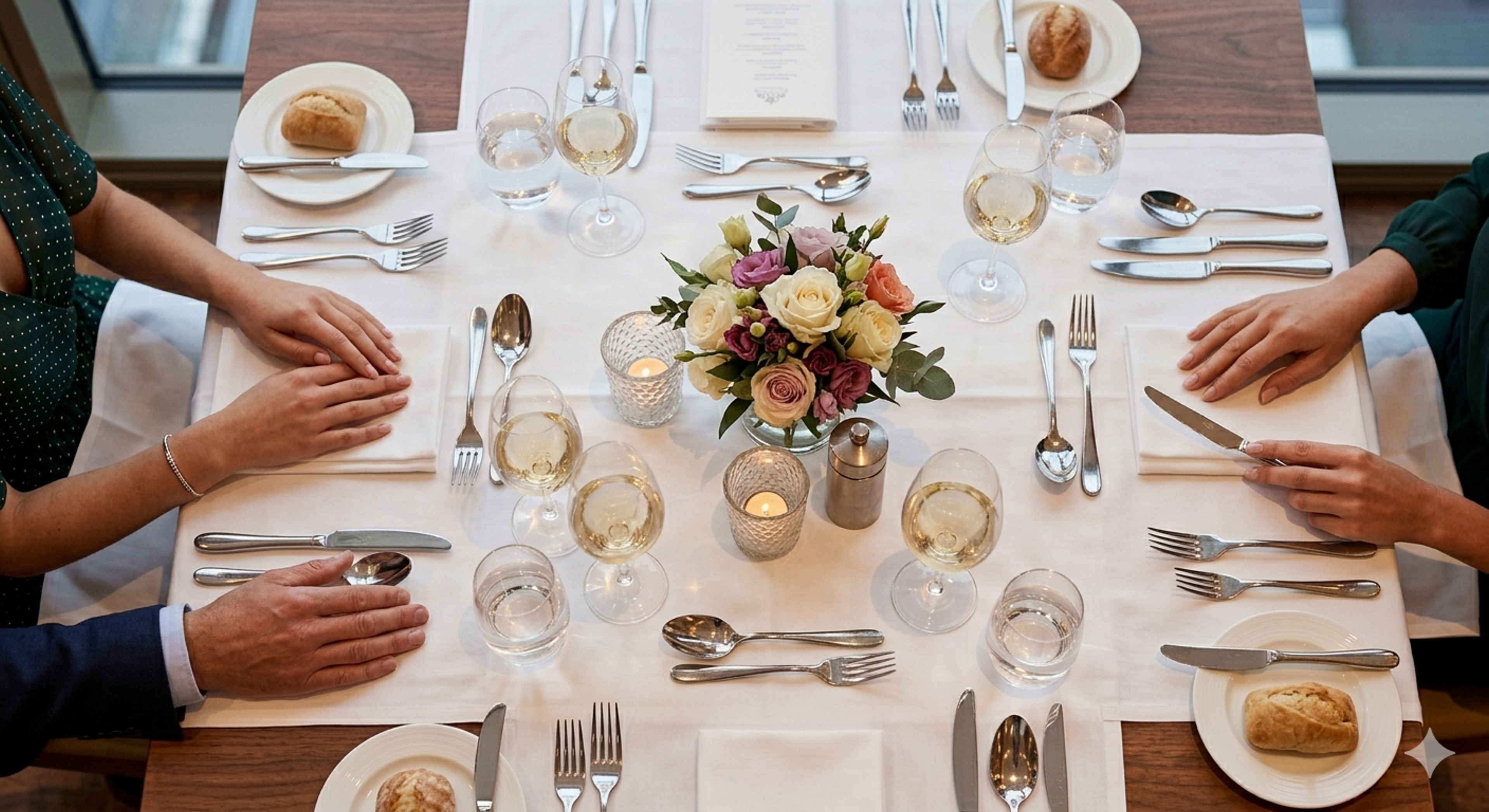 Gedeckter Tisch mit Blumenarrangement, Kerzen, Weingläsern und Brot auf Tellern.
