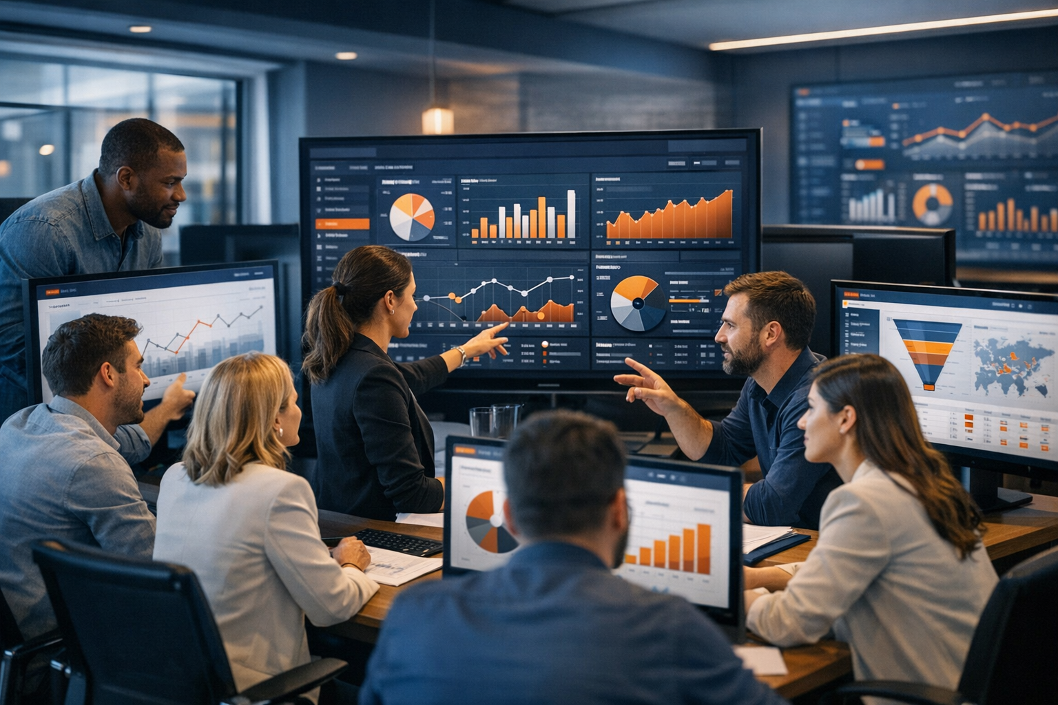 Team marketing che lavora su software e dashboard digitali in un ufficio moderno