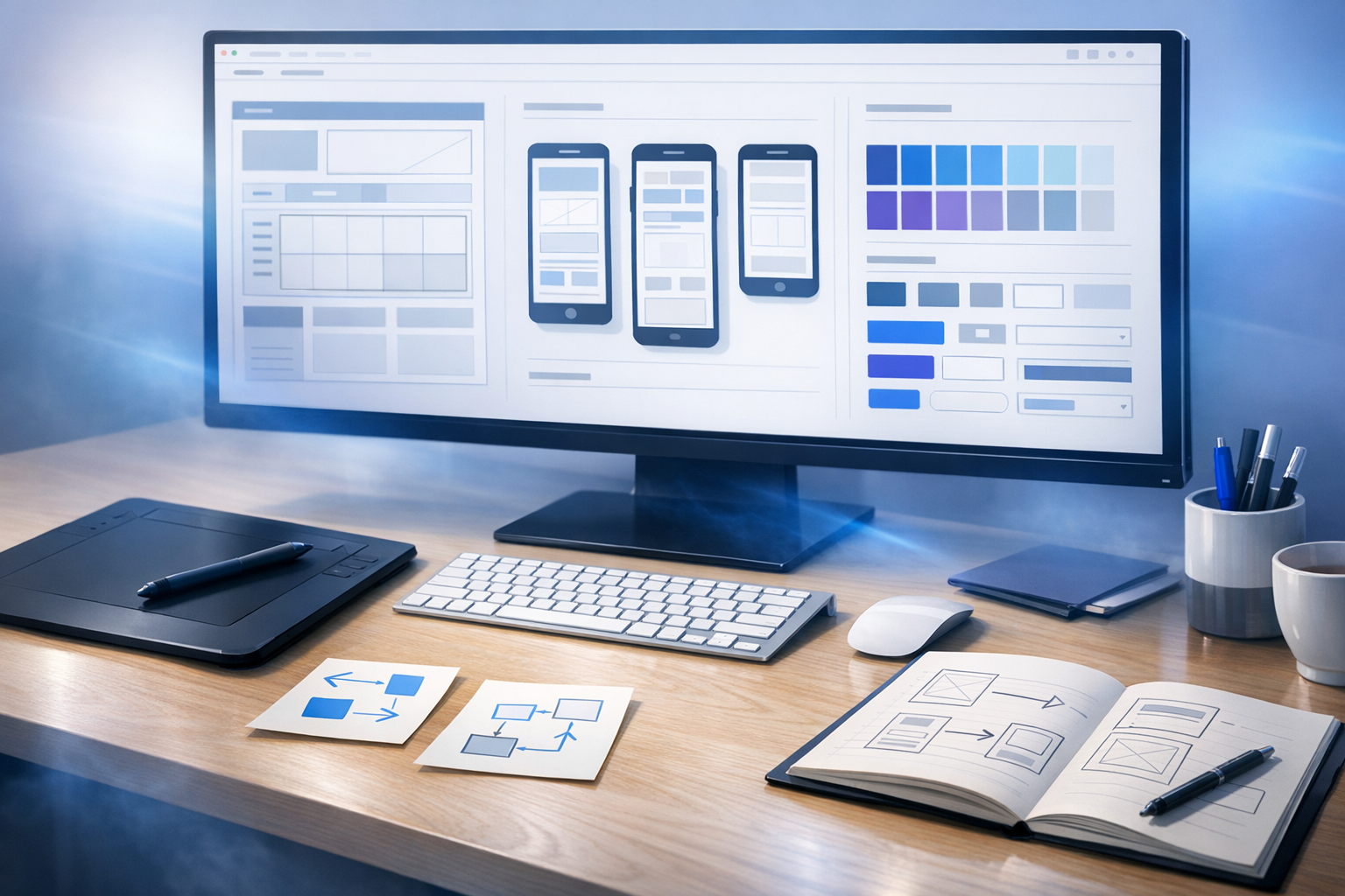 Postazione di lavoro di un web designer UI/UX con wireframe e design system su schermo