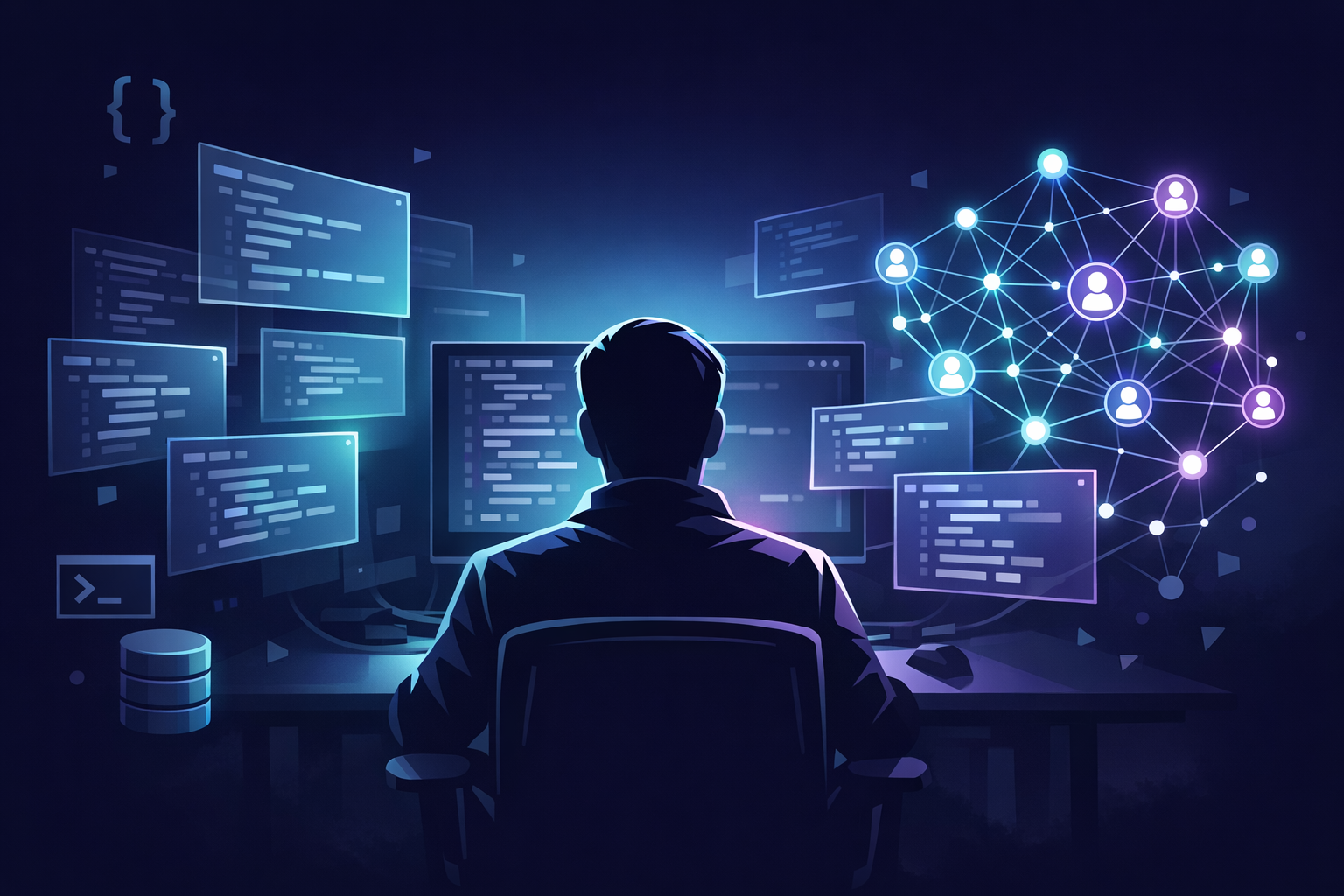 Sviluppatore che supervisiona pannelli di codice e nodi luminosi di agenti AI: i linguaggi di programmazione più usati e il nuovo ruolo del programmatore nel 2026