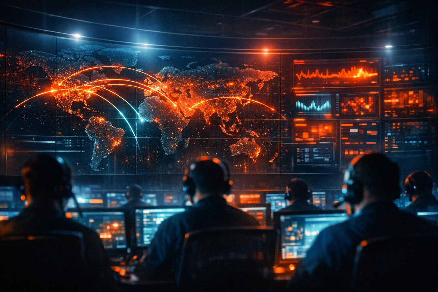 Security Operations Center con mappa degli attacchi informatici globali sugli schermi di controllo nel 2026
