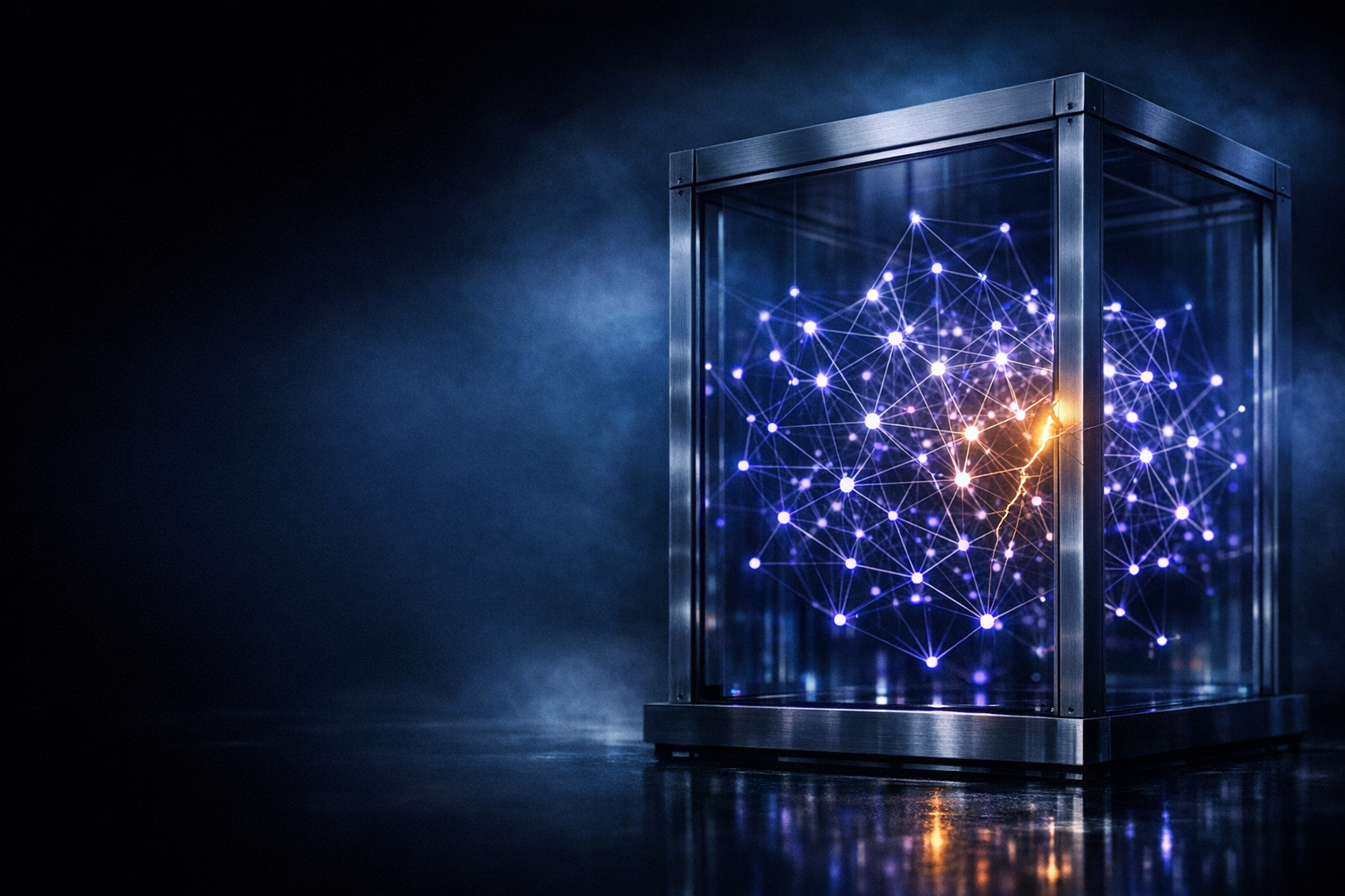 Rappresentazione concettuale di una rete di agenti di intelligenza artificiale dentro una struttura di contenimento in vetro incrinata, simbolo dei rischi di sicurezza dell'era della Super Intelligenza