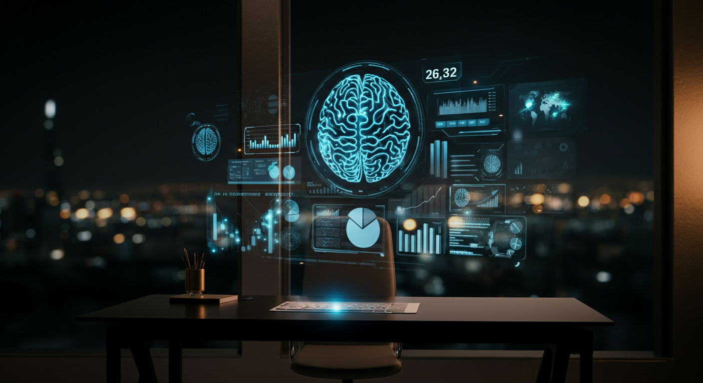 Interfaccia olografica AI per contabilità automatizzata su scrivania futuristica con skyline notturno