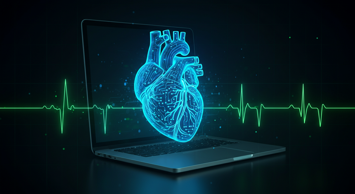 Cuore digitale luminoso composto da circuiti elettronici e flussi di dati, simbolo dei parametri vitali di un sito web