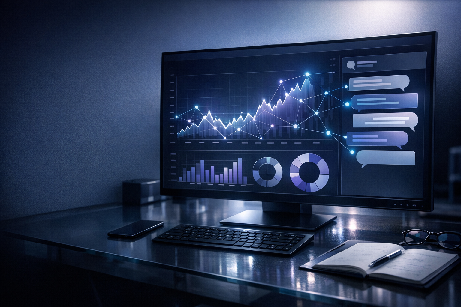 Scrivania di un consulente finanziario con dashboard di portafoglio e assistente AI su schermo, simbolo della consulenza finanziaria potenziata dall'intelligenza artificiale nel 2026