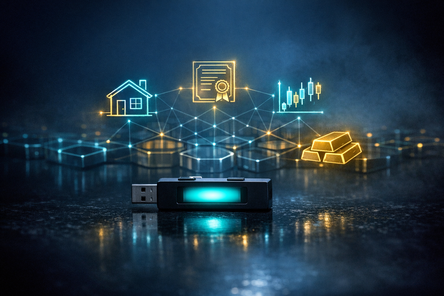 hardware wallet collegato a simboli olografici di immobili, obbligazioni, fondi e oro su una griglia blockchain