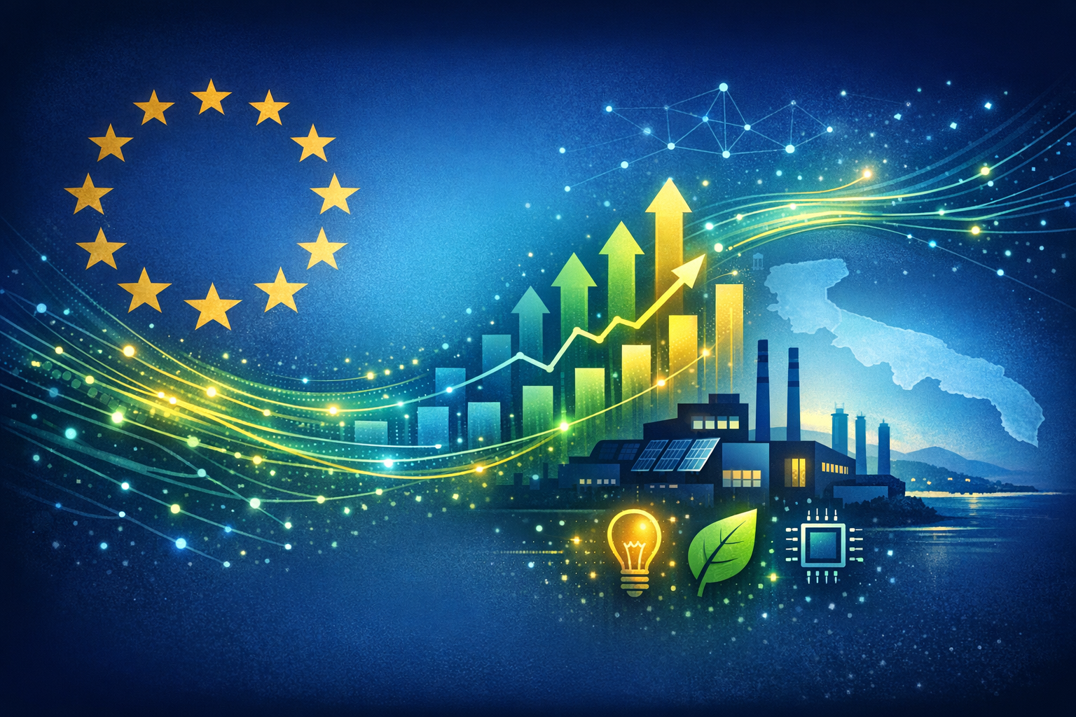 Illustrazione su fondi e bandi europei e regionali in Puglia per digitalizzazione, sostenibilità e formazione delle imprese.
