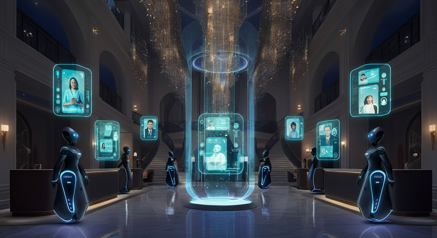 Intelligenza Artificiale nel settore alberghiero di lusso 2026 - Robot e AI nella hall di un hotel del futuro