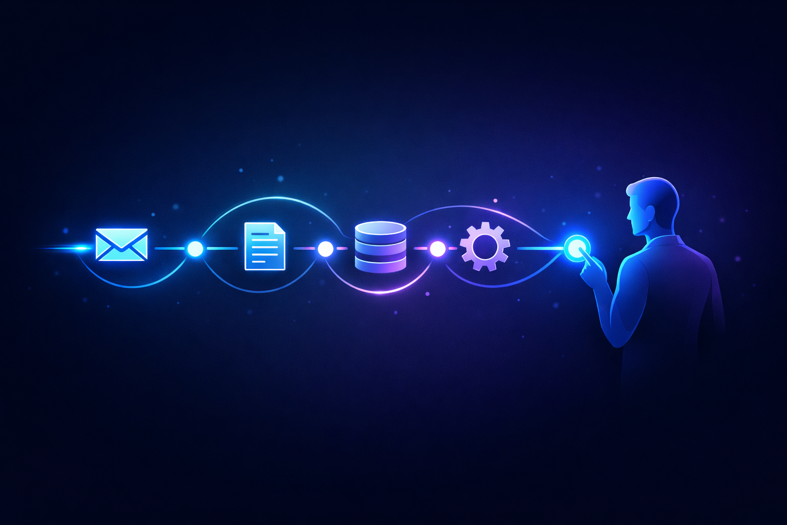 Illustrazione di un workflow automatizzato con nodi luminosi collegati, icone di posta, documento, database e ingranaggio, e una figura umana che supervisiona il flusso: AI agents e processi automatici in azienda