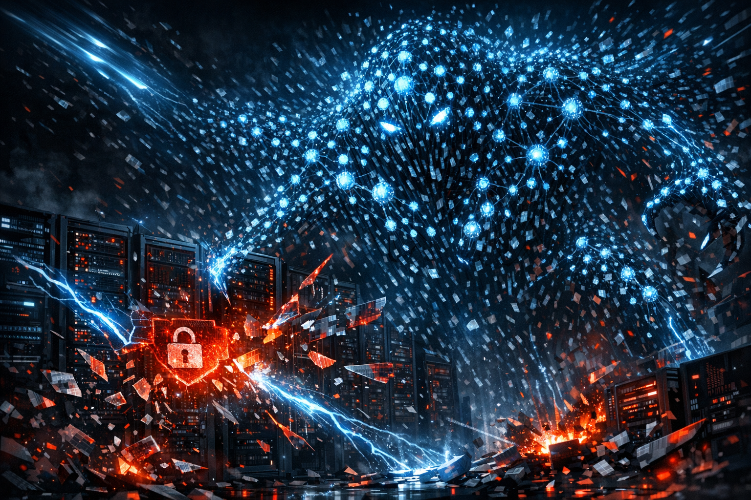 Sciame di agenti AI autonomi che attaccano un'infrastruttura digitale — illustrazione concettuale cybersecurity