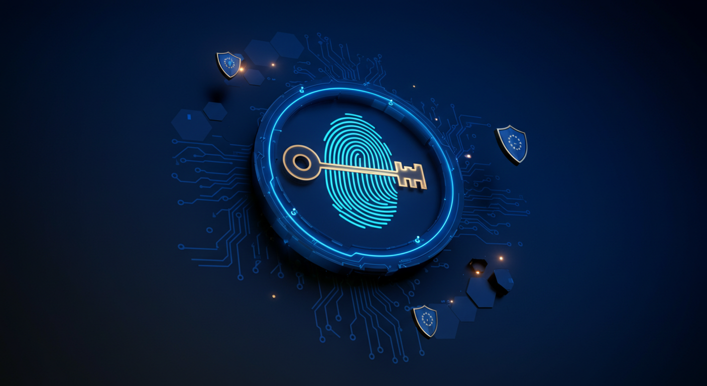 Illustrazione editoriale: impronta digitale che si trasforma in chiave crittografica, simbolo di identità digitale e sicurezza PoP