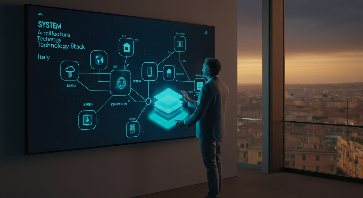 Professionista tecnologico davanti a uno schermo interattivo con diagramma di architettura software in un ufficio moderno italiano al tramonto