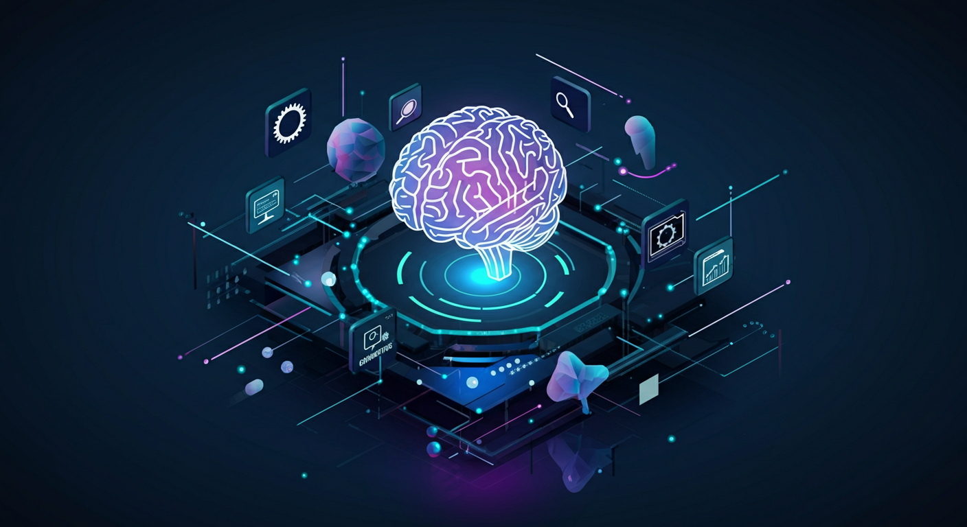 Illustrazione della Generative Engine Optimization con un cervello AI al centro circondato da icone di motori di ricerca, reti neurali e flussi di dati digitali