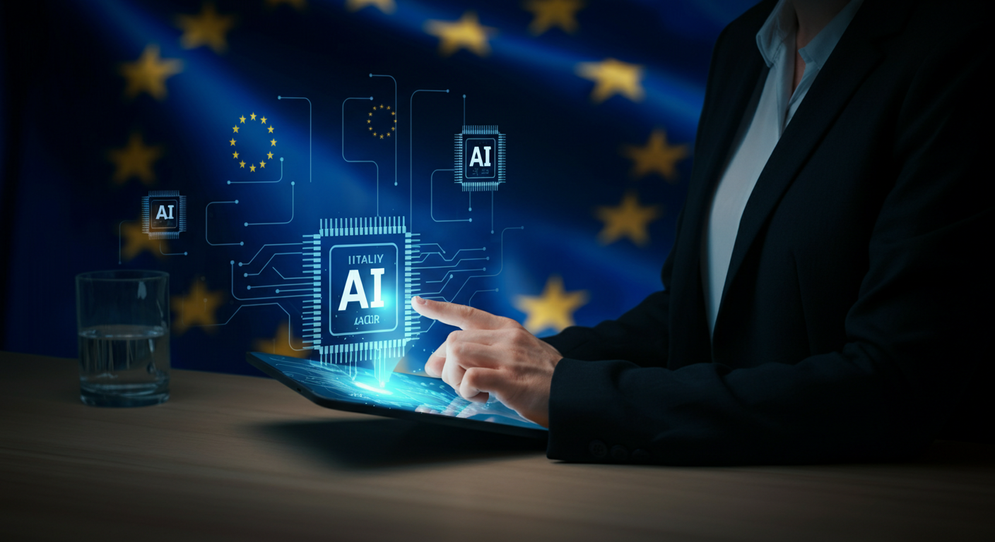 Imprenditore italiano che interagisce con un'interfaccia AI luminosa su sfondo blu con stelle dorate europee