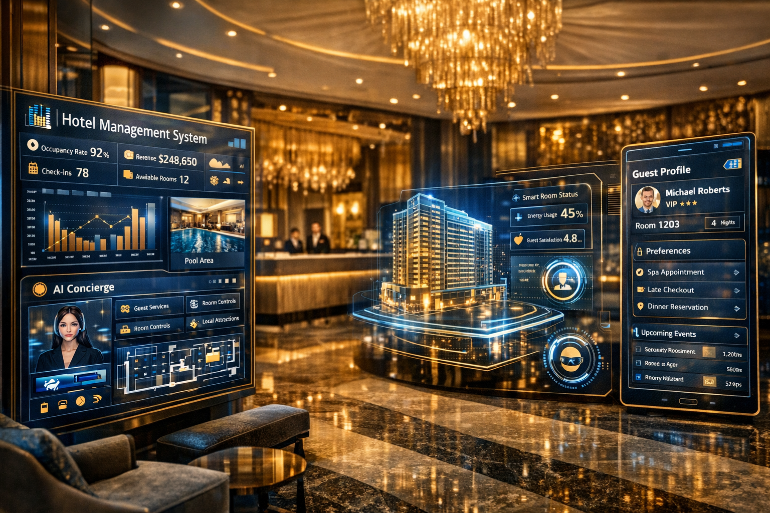 Software gestionali hotel 2026: dashboard digitali e interfacce AI in una hall alberghiera di lusso