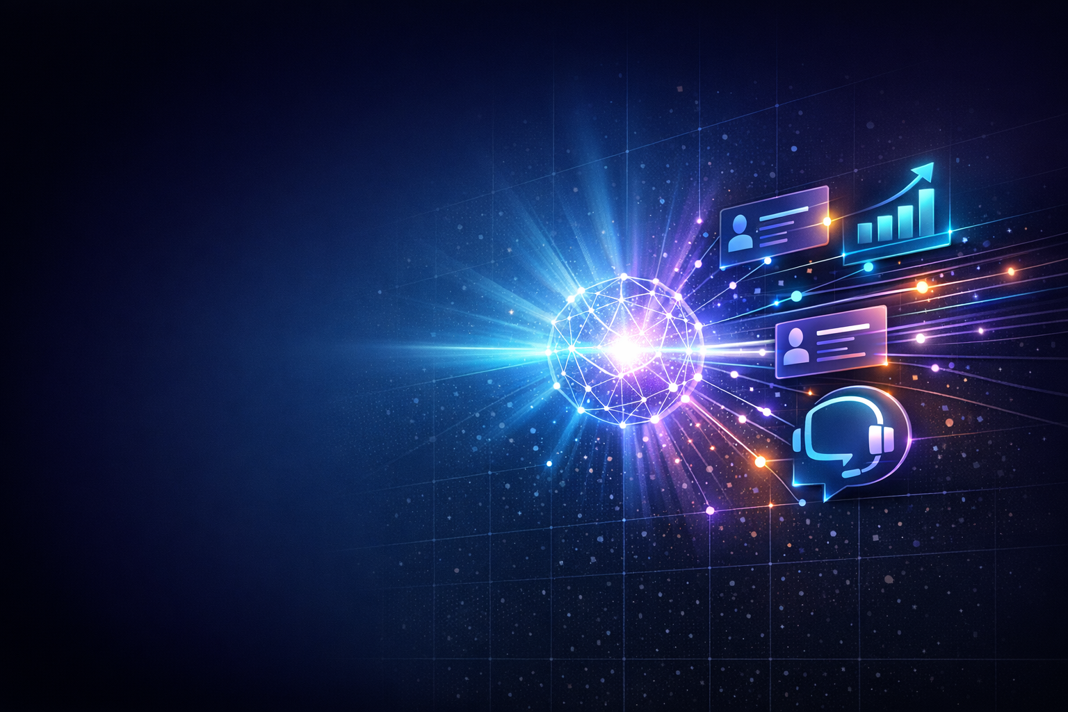 Database clienti CRM connesso a un nucleo di intelligenza artificiale con flussi automatizzati verso vendite, marketing e customer service