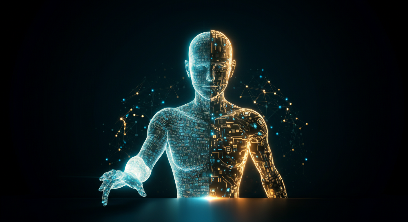 Figura umanoide digitale che rappresenta l'AI Agentiva in azione, con reti di nodi e flussi di dati su sfondo blu scuro