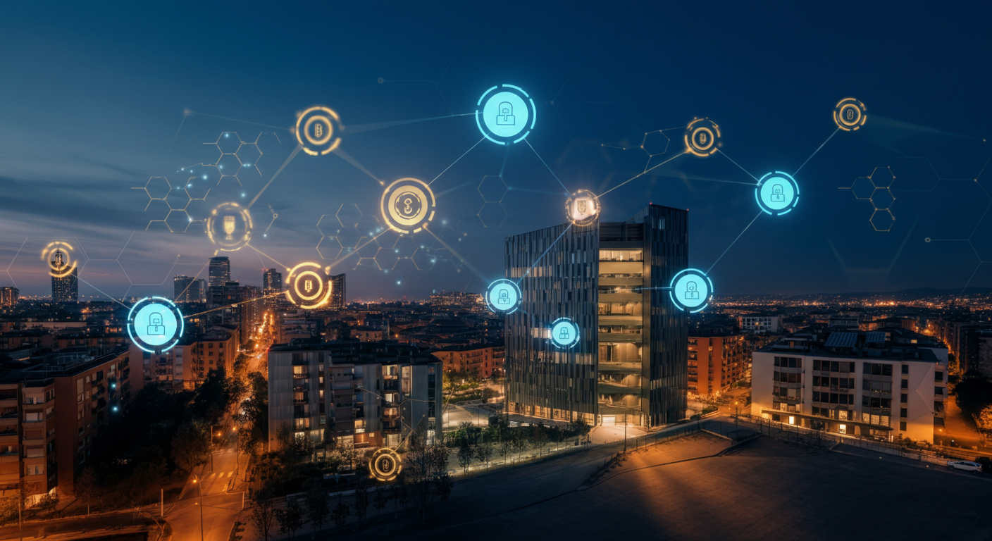 Skyline urbano italiano al tramonto con rete blockchain sovrapposta