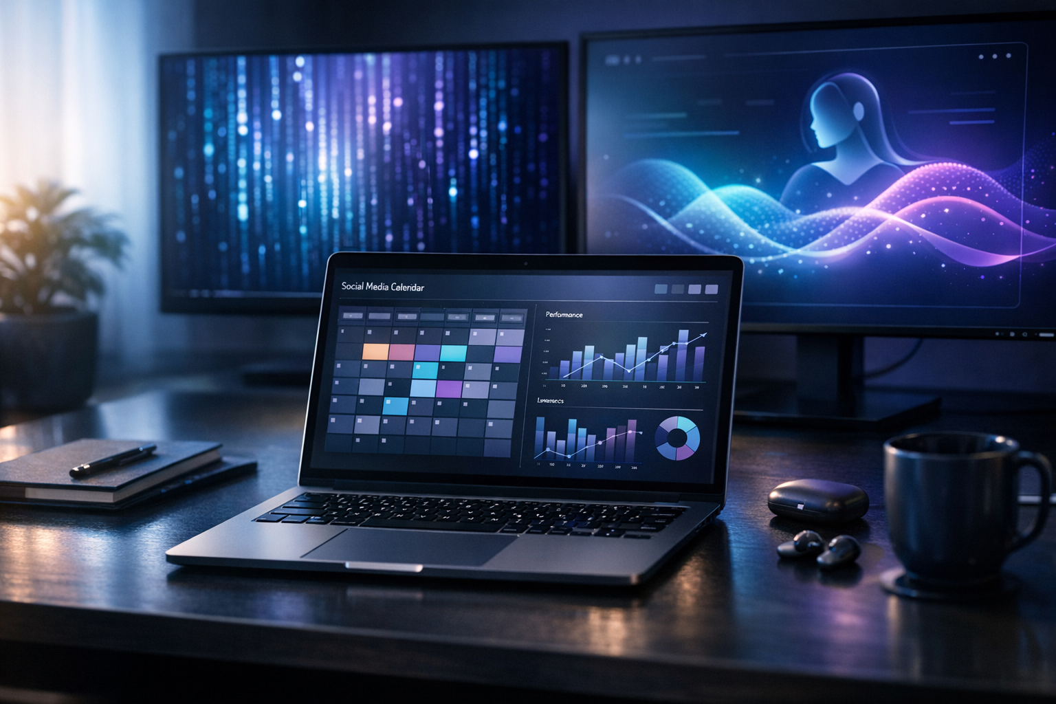 Postazione di lavoro di un social media manager con dashboard di analytics e strumenti di intelligenza artificiale