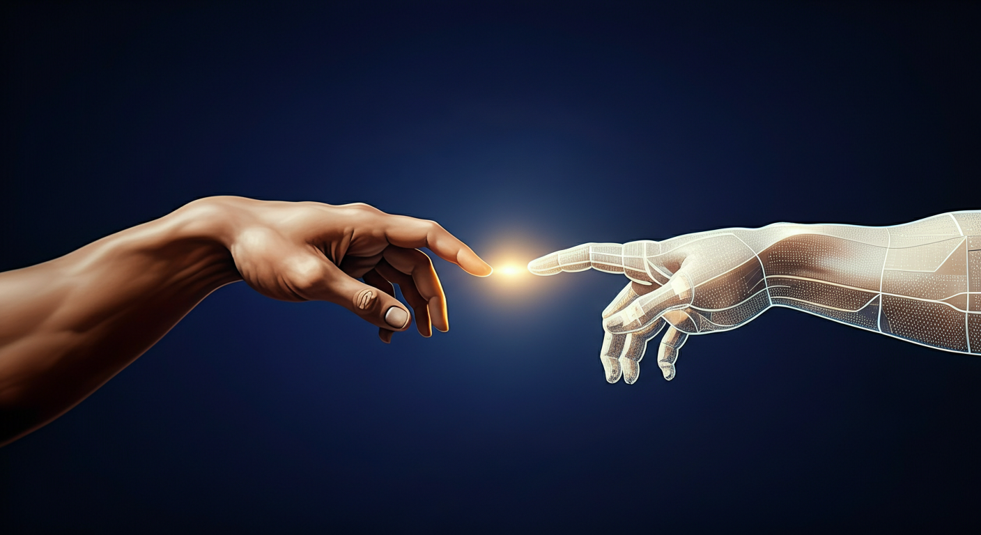 Una mano umana e una mano luminosa generata dall'intelligenza artificiale si avvicinano senza toccarsi, evocando la Creazione di Adamo di Michelangelo: simbolo della collaborazione uomo-AI come vantaggio competitivo.