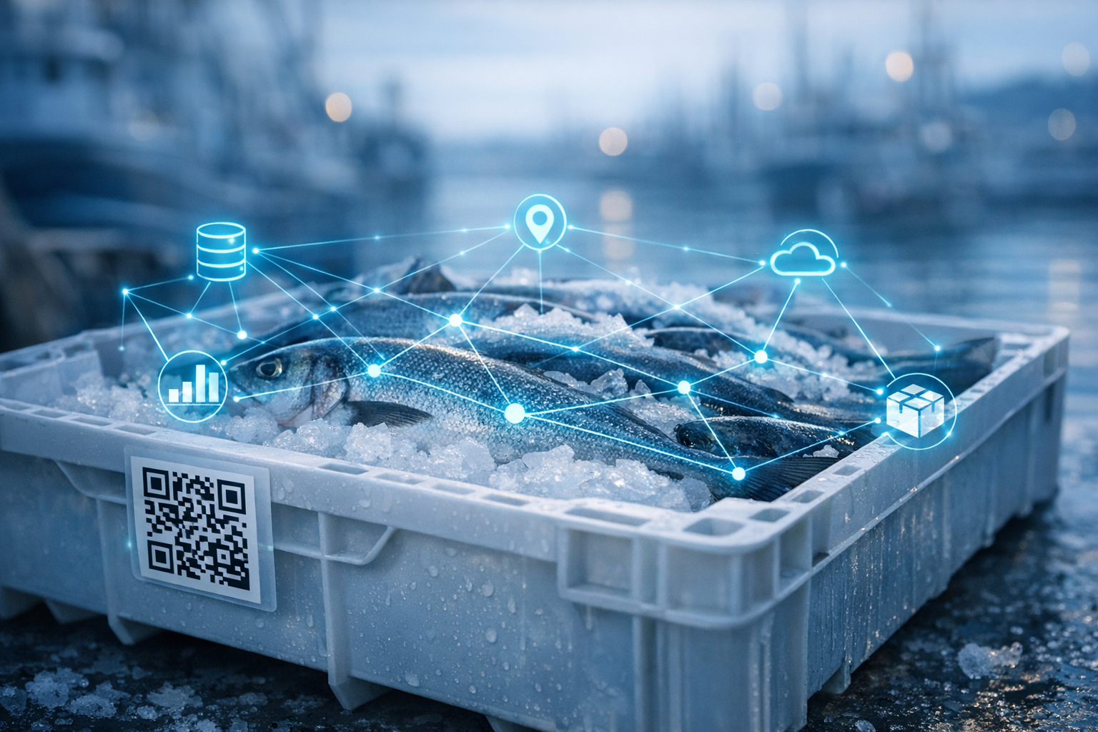 Cassa di pesce fresco su ghiaccio in un porto all'alba con etichetta QR code e rete luminosa di nodi digitali sovrapposta