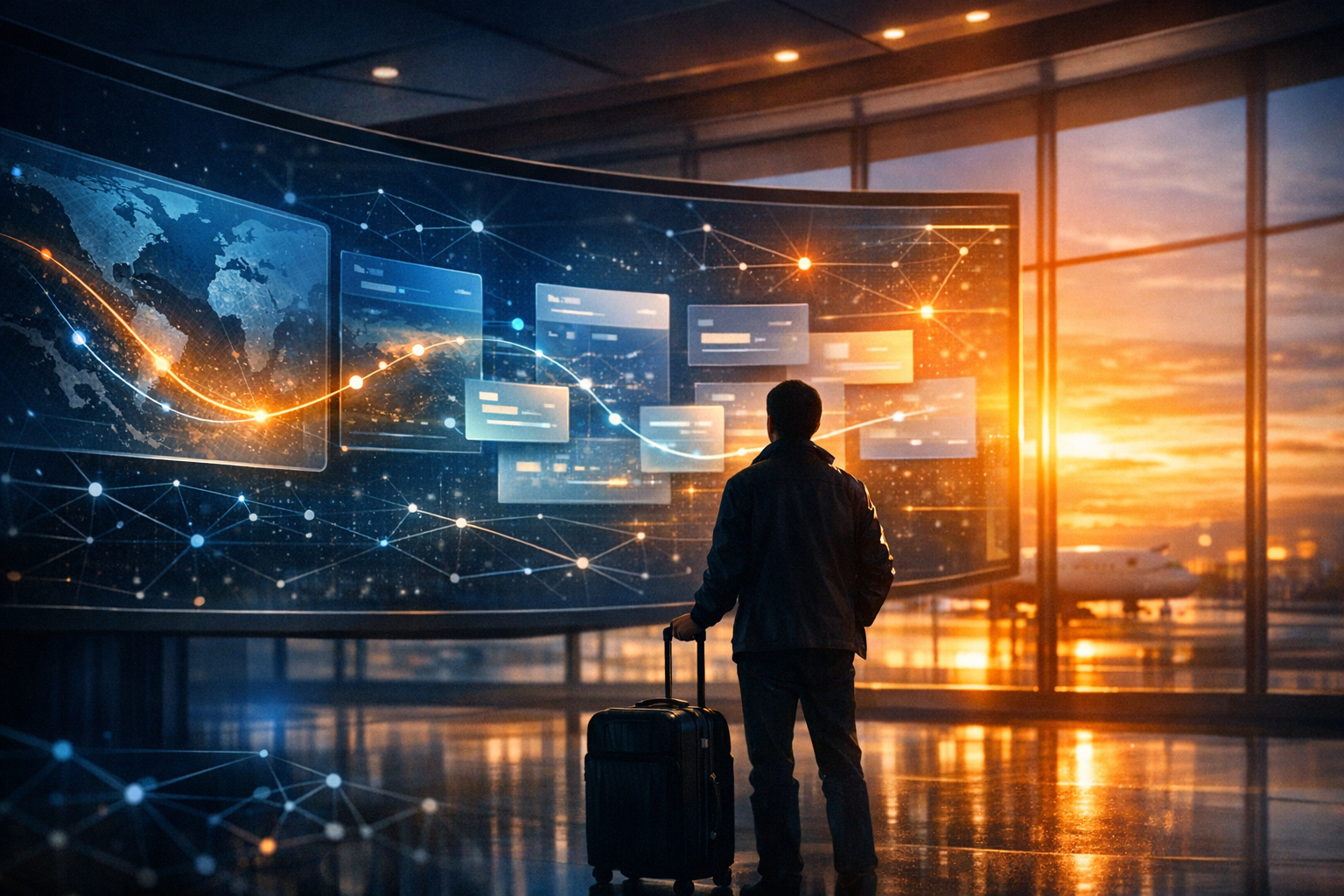 Viaggiatore di spalle con trolley in un terminal aeroportuale all'alba osserva un grande display curvo con un itinerario di viaggio generato dall'intelligenza artificiale, tra mappe e rotte luminose