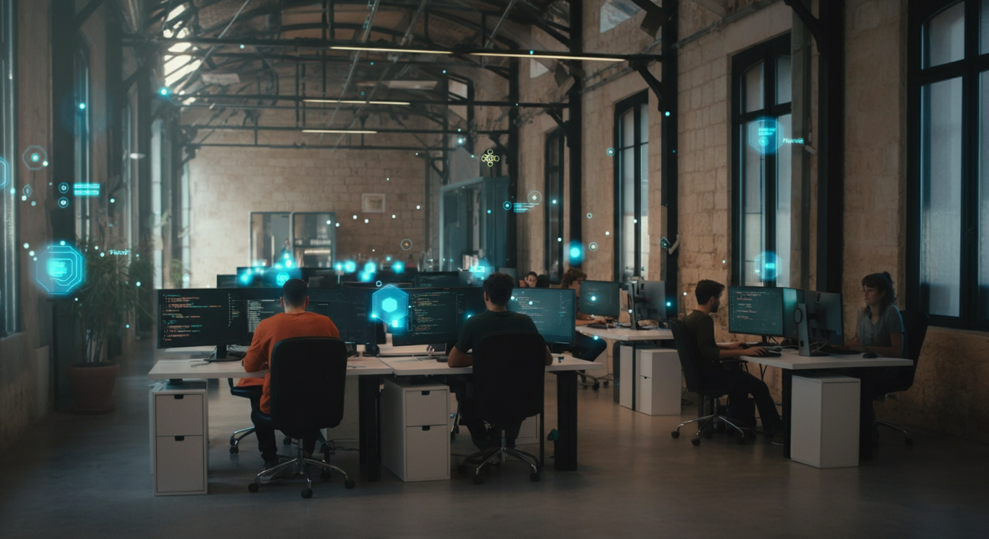 Giovani sviluppatori al lavoro in un moderno campus tecnologico in Puglia: open space industriale con luce naturale, schermi con codice e visualizzazioni di dati, atmosfera professionale e dinamica.