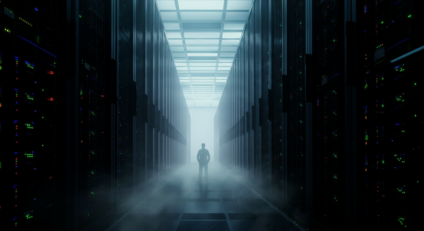 Corridoio di server in un data center hyperscale ripreso dal basso: luci blu elettrico e ambra drammatica illuminano file infinite di rack, con la sagoma solitaria di un operatore in primo piano — l'infrastruttura fisica da 1.100 miliardi di dollari degli investimenti Big Tech nell'AI
